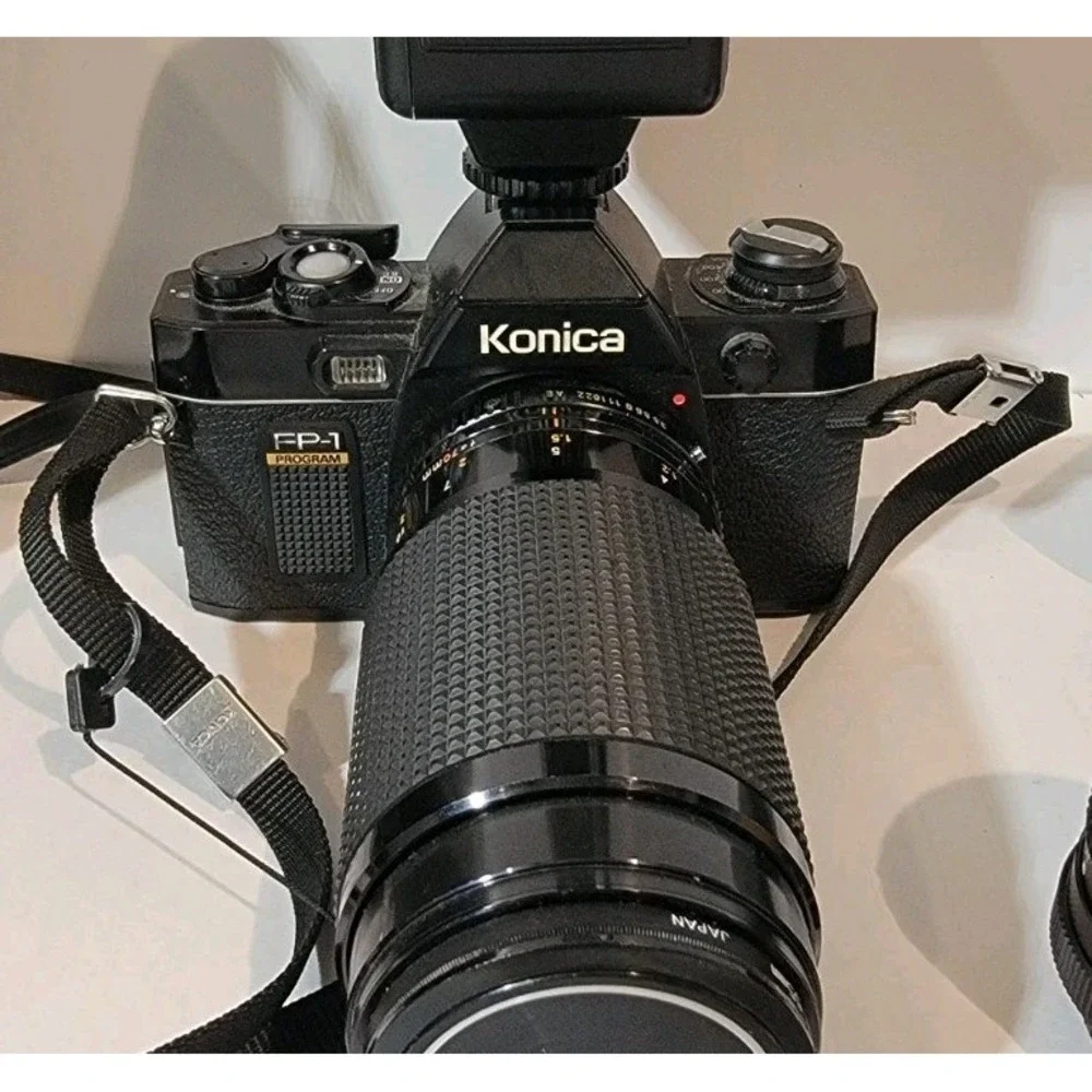 Vintage Konica FP-1 Program‎ Motor Camera Lens Bundle + Case